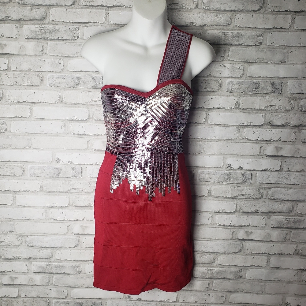 BEBE One Shoulder Red Dress Sequence - Size M